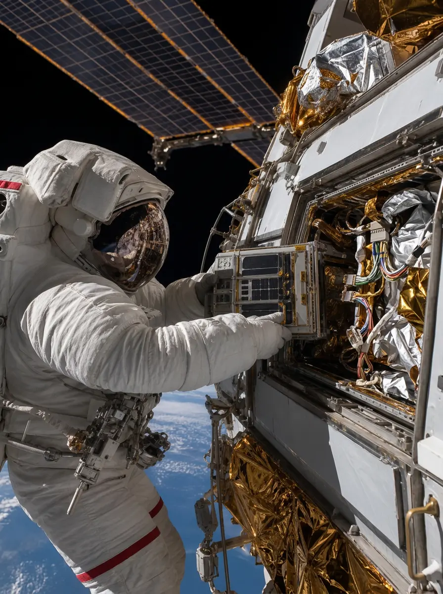 Astronaut on a spacewalk servicing a power module on an orbiting spacecraft